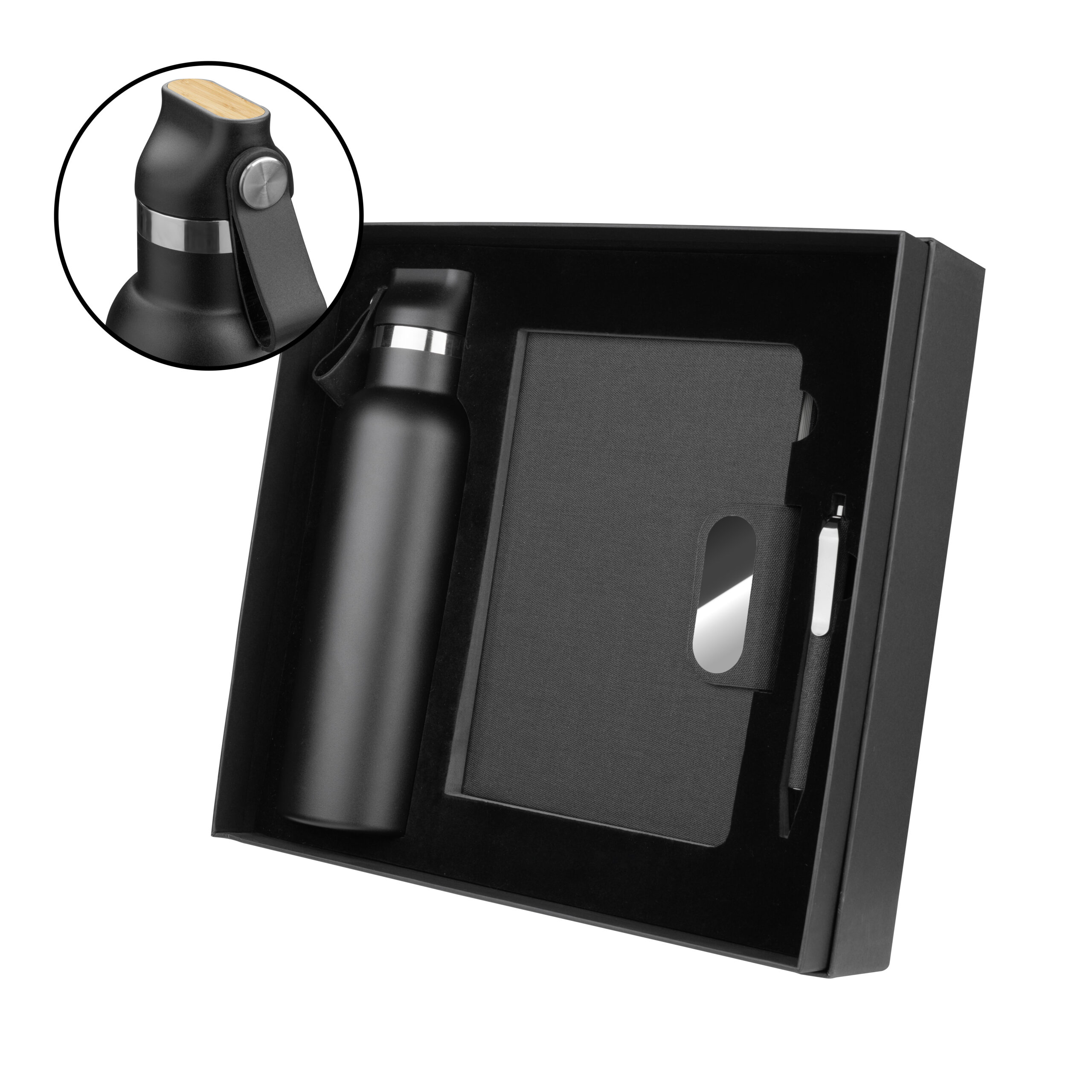 Kit escritório caderno, garrafa e caneta metalica