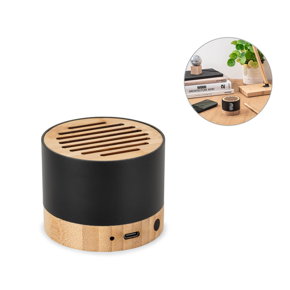 Caixa de som portátil em alumínio 100% reciclado e bambu, com 3h de autonomia